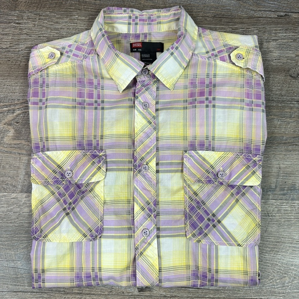 Men’s Diesel Short Sleeve Snap Front Plaid Shirt XXL